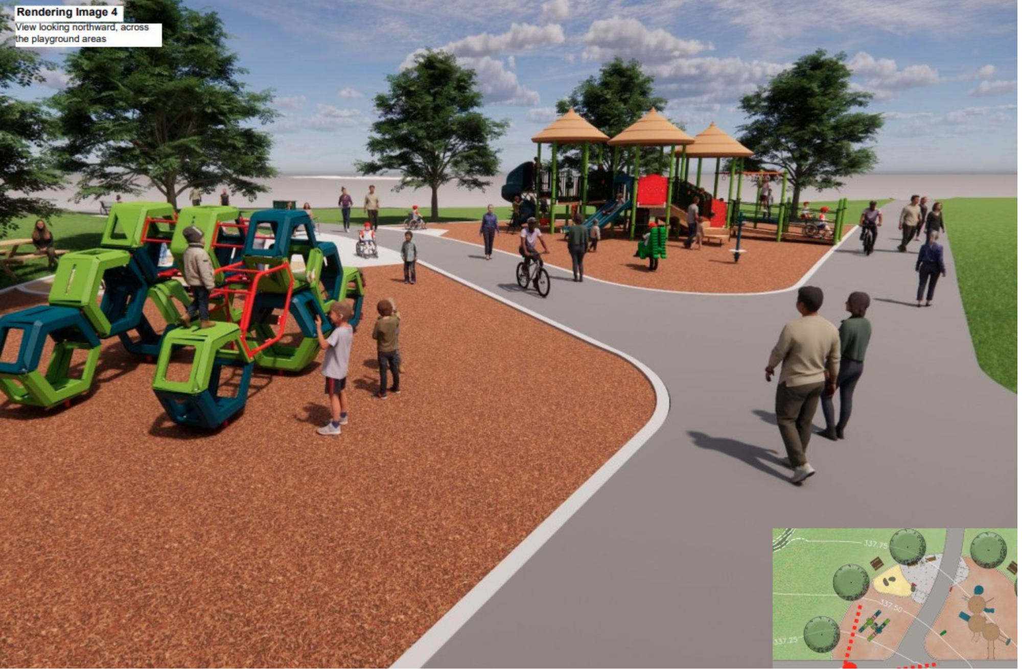 A view of the play area in Design Concept #2 with a hexagon climber area separated from the sand play area and play structure by a pathway