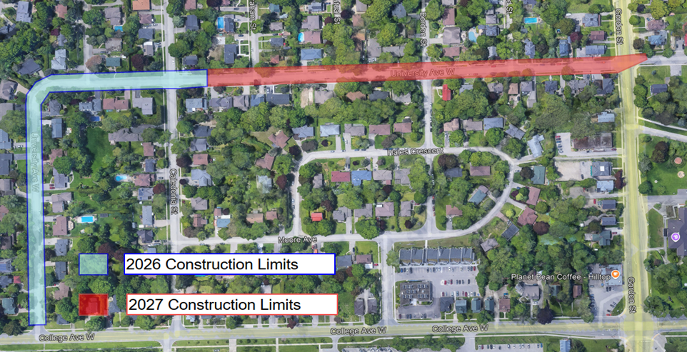 A map of University Avenue West with the 2026 Construction Limits from College Ave West to just past Caledonia Street and the 2027 construction limits from Caledonia Street to Gordon Street
