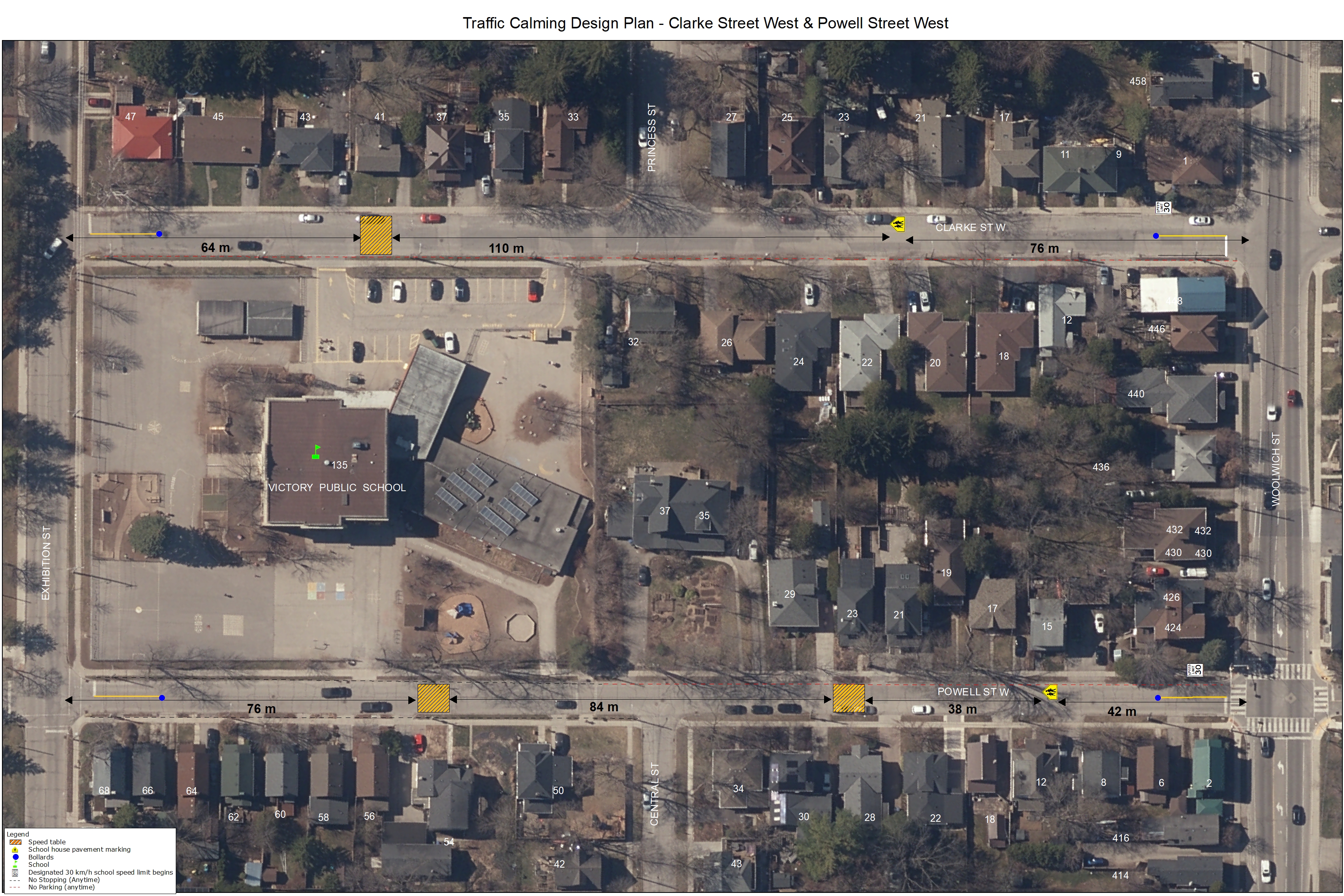 Map of Clarke Street West and Powell Street West in Guelph near Victory Public School showing a proposed traffic calming design. On Clarke Street West, one speed table is installed with two flexible posts. On Powell Street West, two speed tables are proposed along with two bollards to support traffic calming near the school.