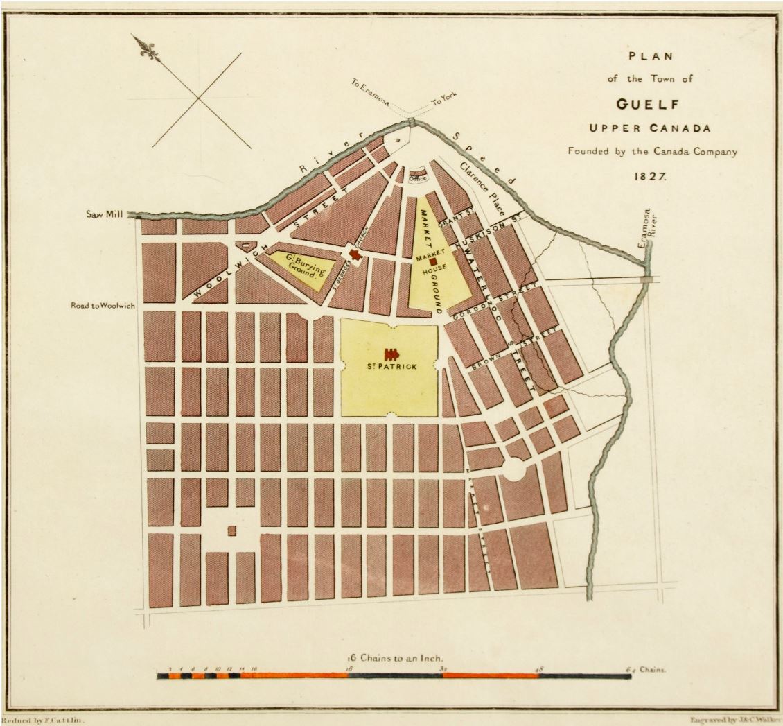 Historical planning map of Guelph titled Plan of the Town of Guelf, Upper Canada, founded by the Canada Company 1827