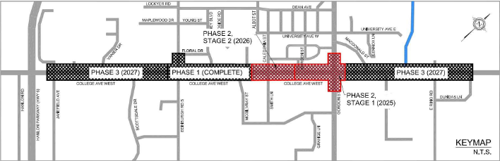 Construction phase map with Phase 1: Edinburgh to University (complete), Phase 2: University to Gordon (2025 – 2026) Phase 3: Janefield to Edinburgh and Gordon to Dundas Lane (2027)