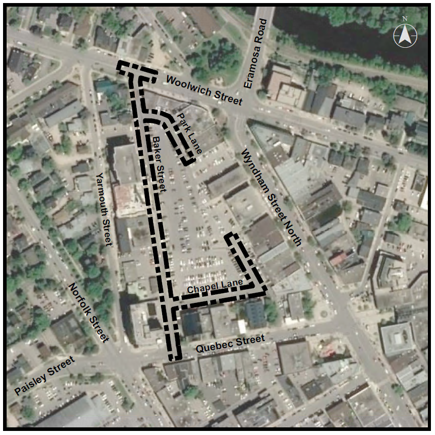 An aerial map of the reconstruction and redesign area. At the top of the map Eramosa Road meets Woolich Street and at the bottom of the map Baker Street meets Quebec Street. . A dotted line shows the area of reconstruction from Woolwich Street to Baker Street and Park Lane and Chapel Lane surrounding the Baker Street parking facility.
