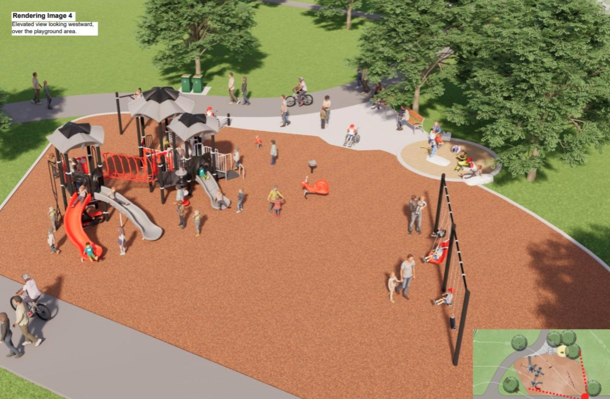 The playground area in Option one complete with a play structure with slides, a sand play area and swings