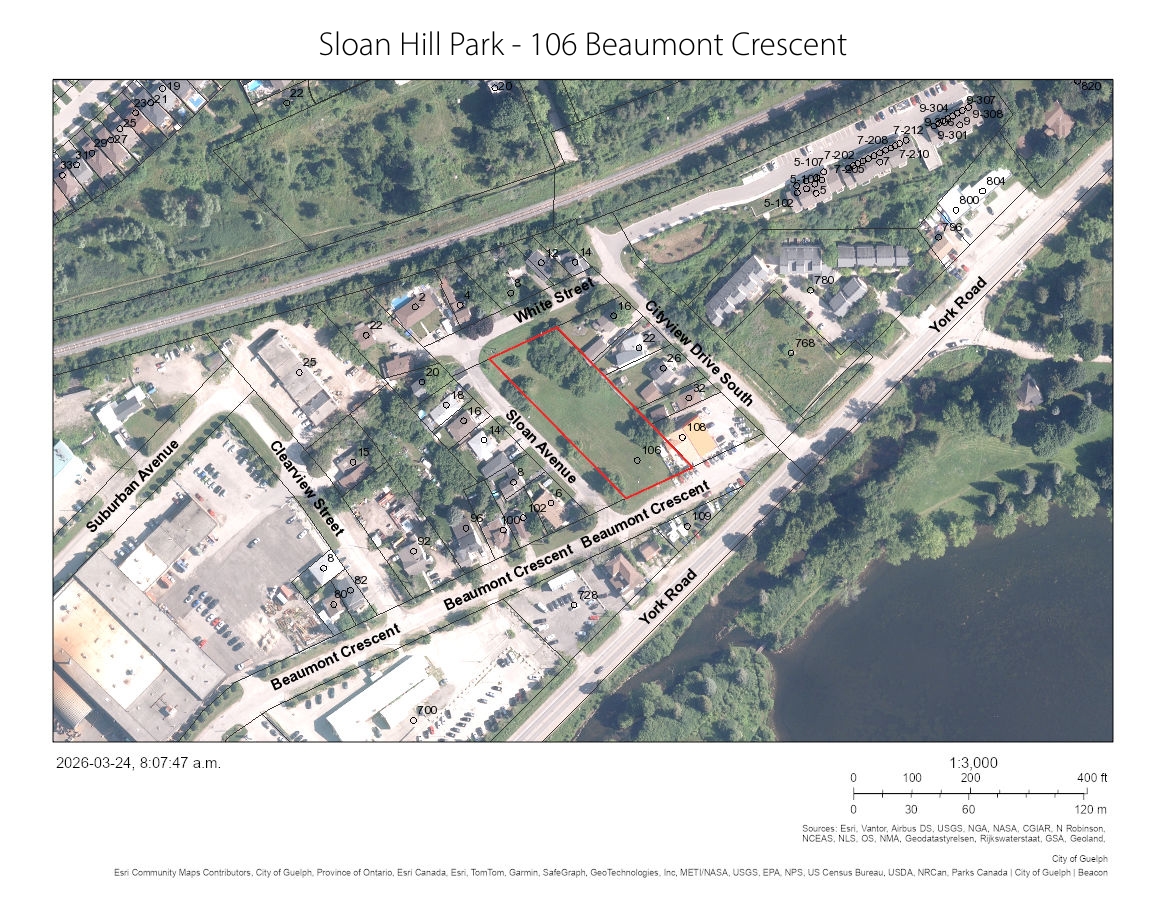 Aerial photo of the Sloan Hill Park location with the lot at 106 Beaumont Crescent outlined in red.