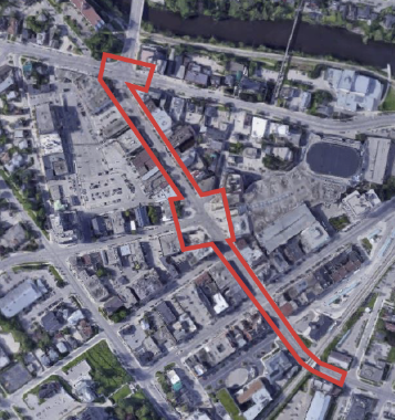 Satellite map of downtown Guelph, highlighting Wyndham Street from Farquhar to Woolwich and the outline of St. George's square.