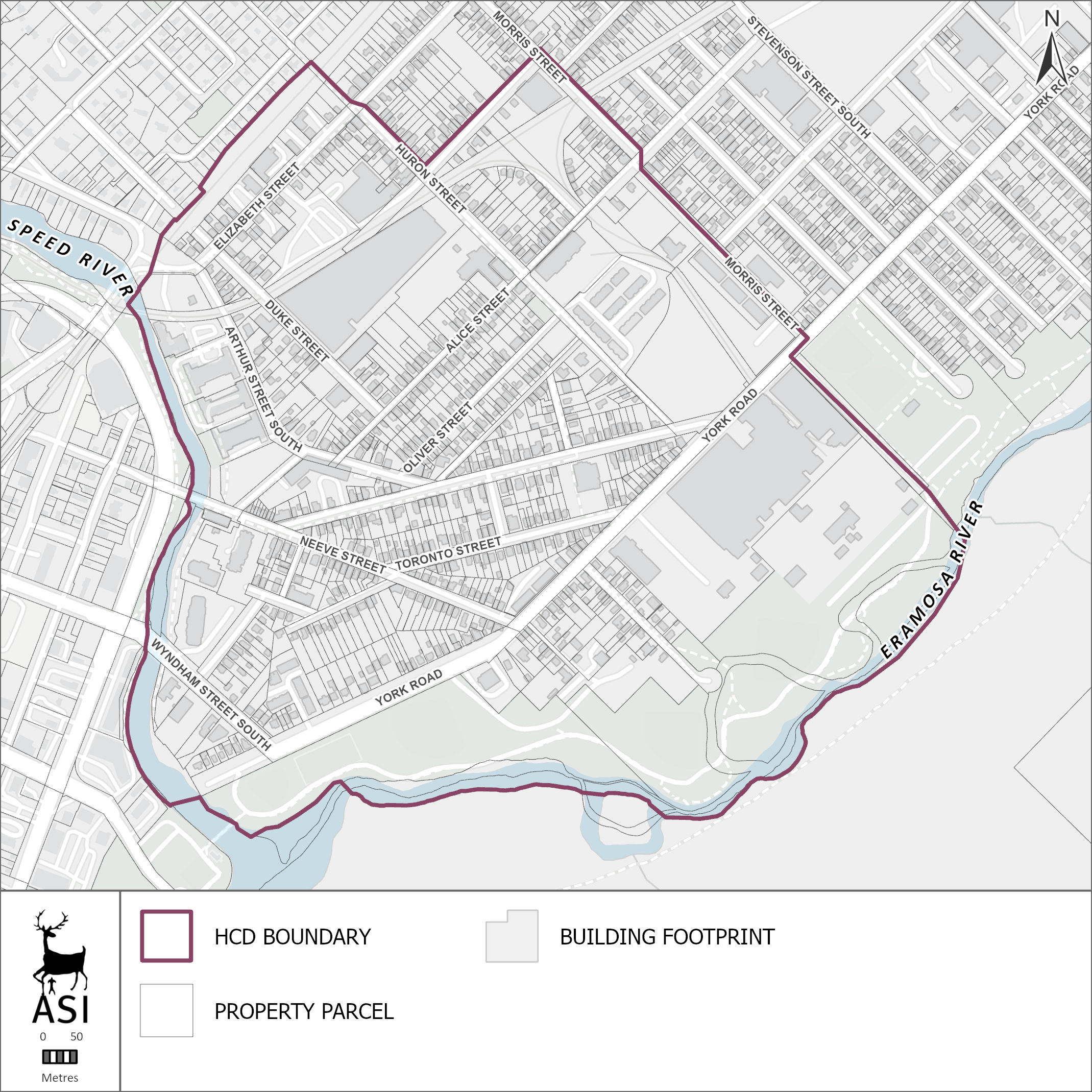 A map of the Ward HCD Boundary showing street names, property parcels, and the Speed and Eramosa Rivers.