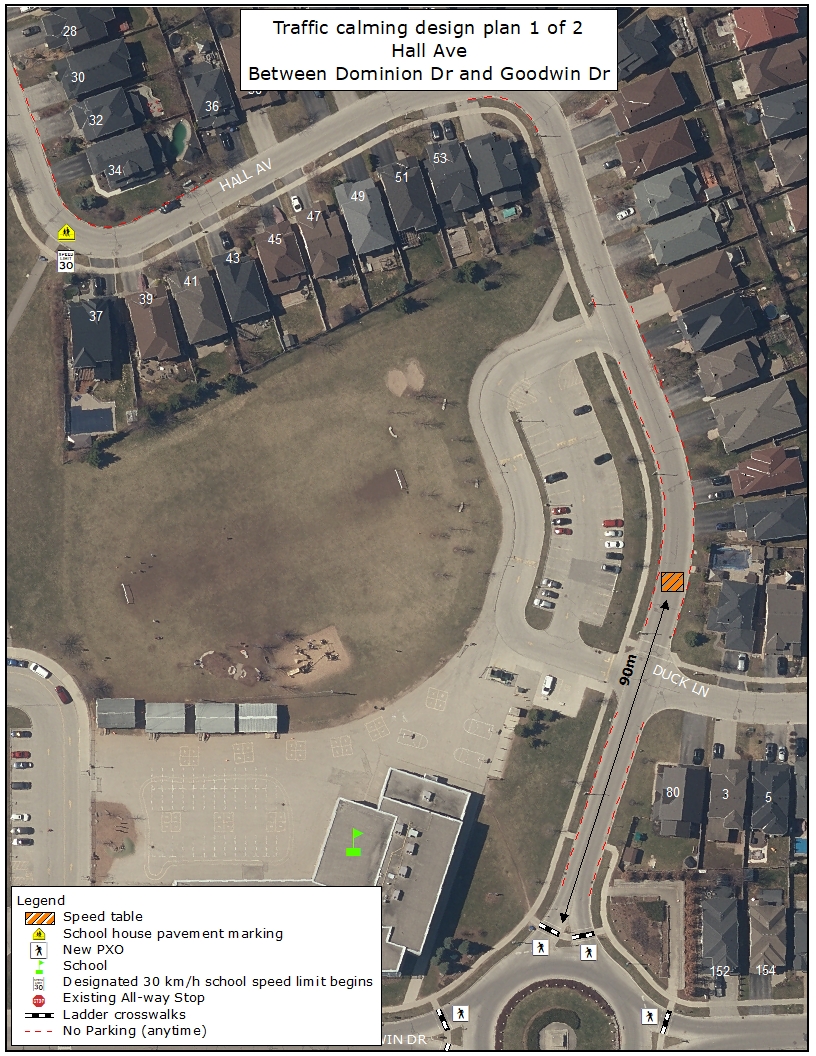 Map of Hall Avenue between Dominion Drive and Goodwin Drive in Guelph showing a proposed traffic calming design. A speed table is located along Hall Avenue near Duck Lane. Further along the curved section of the street near 37 Hall Avenue, a school pavement marking is included.