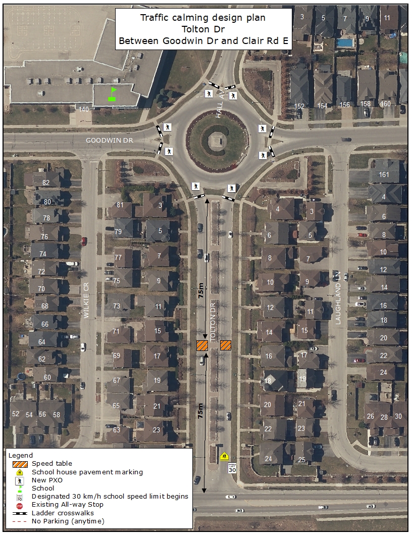 Map of Hall Avenue in Guelph showing a winding residential roadway with proposed traffic calming measures. A speed table is located near 28 Hall Avenue, followed by another speed table near 15 Hall Avenue. A bollard is installed near 1 Hall Avenue.