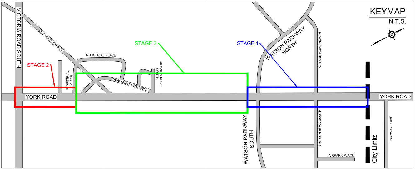 A map of the sections of York Road that will be under construction for each stage. Stage 1 outlines Watson Parkway to the east city limit, stage 2 outlines Victoria Road South to Industrial Street, and Stage 3 outlines Industrial Street to Watson Parkway