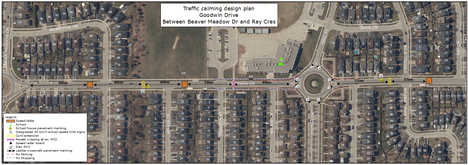 Map of Goodwin Drive between Beaver Meadow Drive and Ray Crescent in Guelph showing a proposed traffic calming design. The plan includes three speed tables spaced along the corridor, two curb extensions to narrow the roadway, and one raised pedestrian crossing to improve safety and visibility.