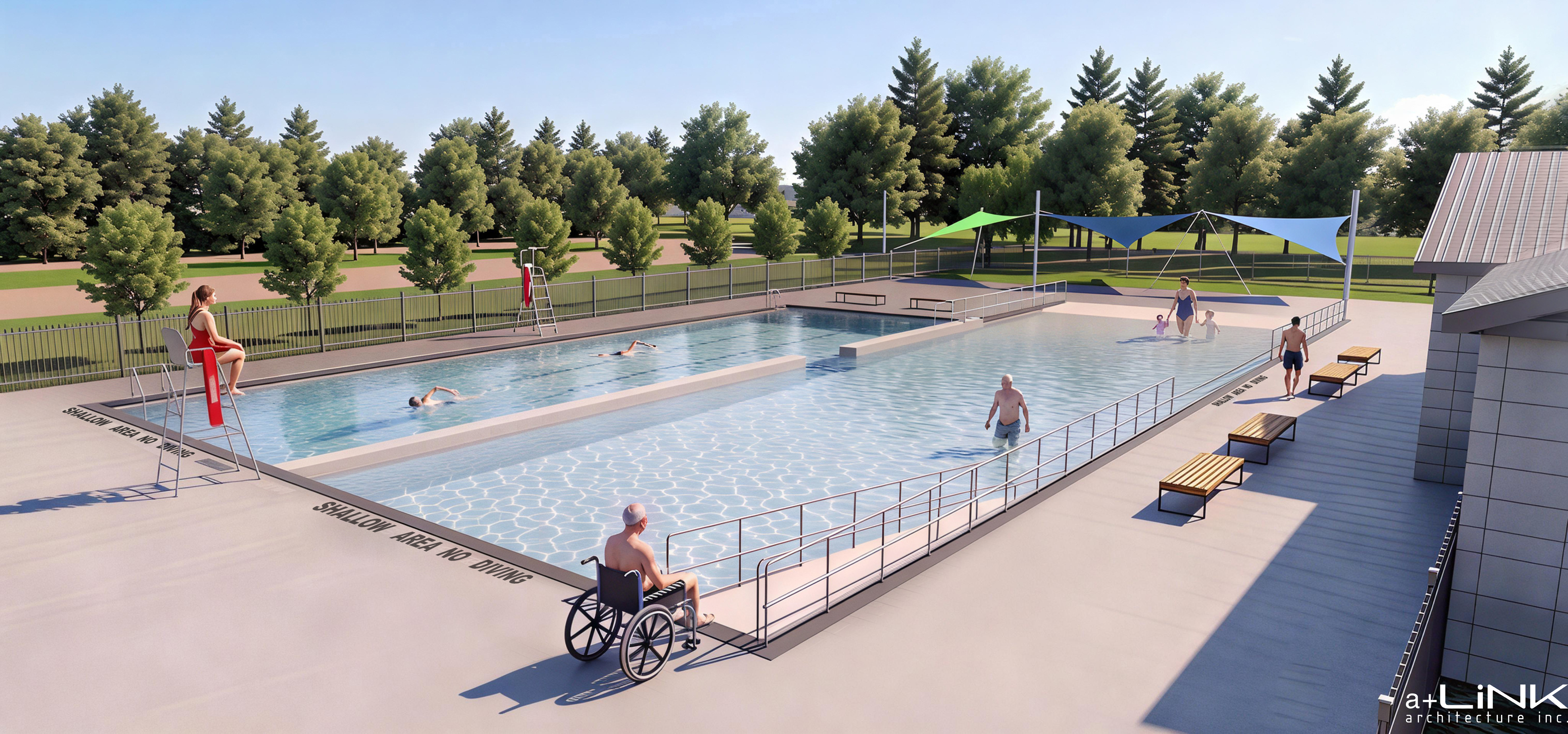 Rendering of Lyon Pool with a wheel chair ramp into the pool, lanes for swimming and a gradual sloped entrance, and benches nearby. 