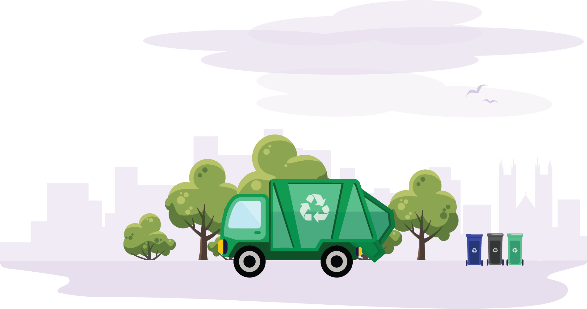 waste truck driving through city 