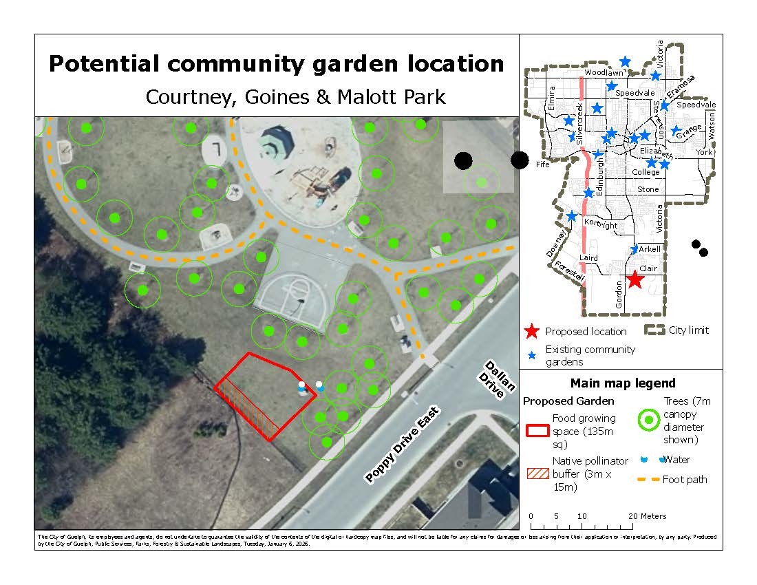 An aerial view of Courtney, Goines & Mallot Park with the proposed garden location by Poppy Drive East with a native pollinator buffer.