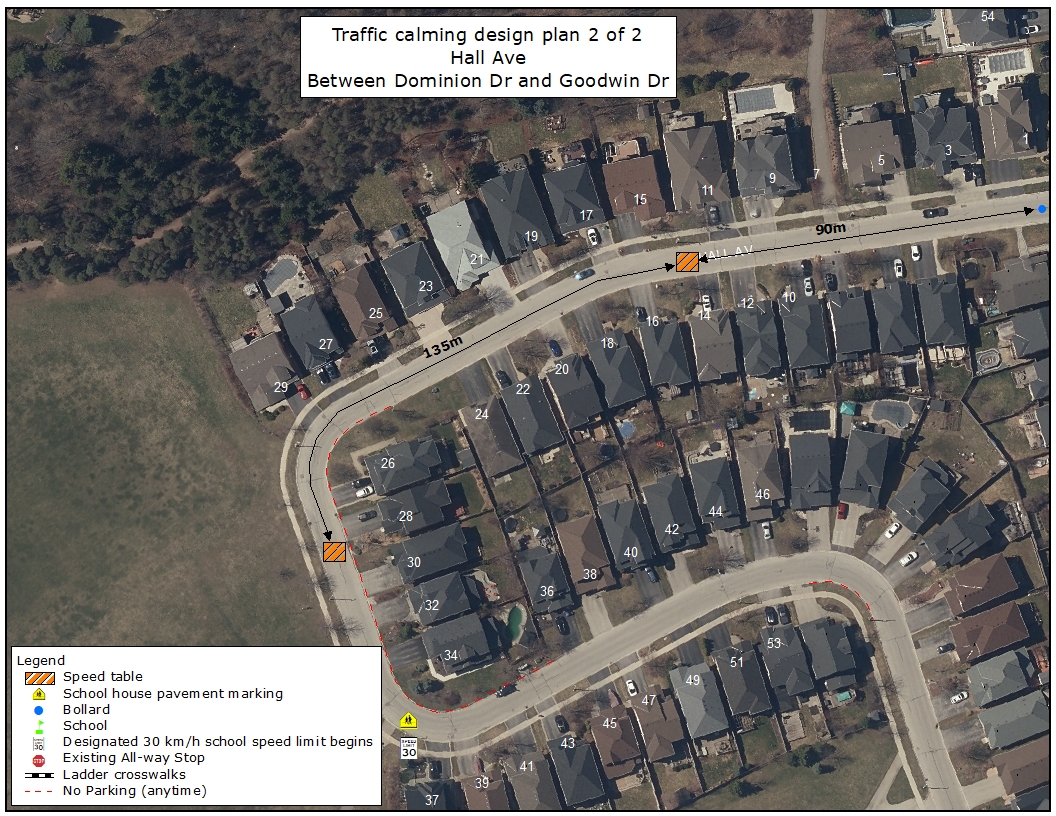 Map of Hall Avenue in Guelph showing a winding residential roadway with proposed traffic calming measures. A speed table is located near 28 Hall Avenue, followed by another speed table near 15 Hall Avenue. A bollard is installed near 1 Hall Avenue.