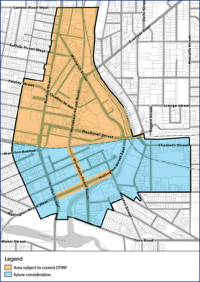 An aerial map of the reconstruction and redesign area. At the top of the map Eramosa Road meets Woolich Street and at the bottom of the map Baker Street meets Quebec Street. . A dotted line shows the area of reconstruction from Woolwich Street to Baker Street and Park Lane and Chapel Lane surrounding the Baker Street parking facility.