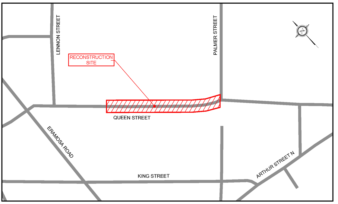 Map of the reconstruction site of Queen Street, with construction taking place from 75 Queen Street to 55 Queen Street at the Palmer Street intersection