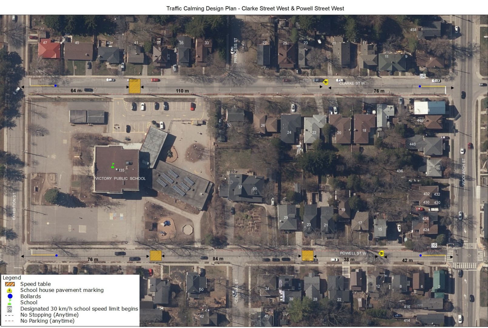 Map of Clarke Street West and Powell Street West in Guelph near Victory Public School showing a proposed traffic calming design. On Clarke Street West, one speed table is installed with two flexible posts. On Powell Street West, two speed tables are proposed along with two bollards to support traffic calming near the school.