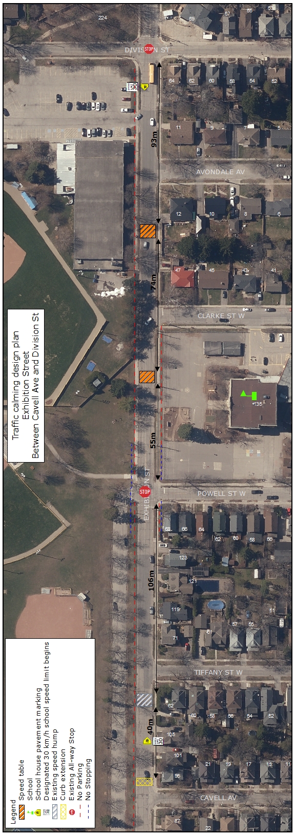 Map of Exhibition Street between Cavell Avenue and Division Street in Guelph showing a proposed traffic calming design. The corridor includes a curb extension, an existing speed hump, and an existing all-way stop. Two new speed tables are also proposed along the street to further reduce vehicle speeds.