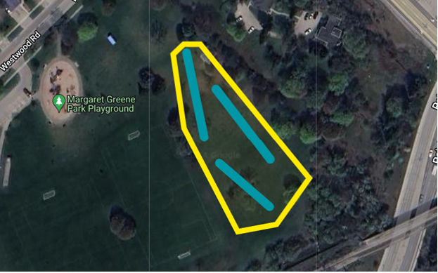 Disc golf loop at Margaret Greene Park at the East side showing 3 holes. 