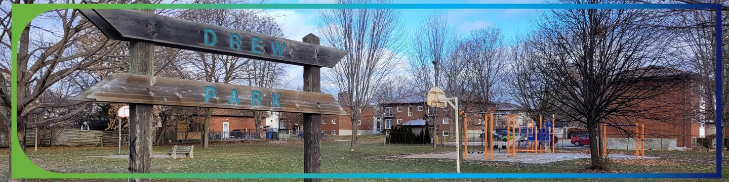Drew Park wood sign and playground space