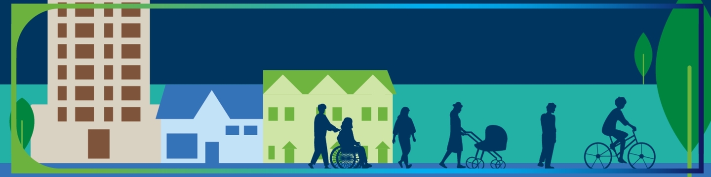 Cityscape illustration showing various buildings including an apartment building and houses. Several silhouettes of people are visible: one person in a wheelchair being pushed by another person, someone walking alone, an adult pushing a stroller with an infant inside, and two individuals riding bicycles under a dark blue sky with clouds and the sun.