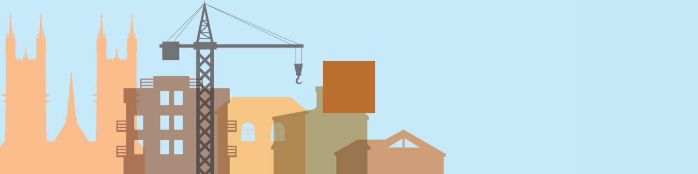 Illustration of a construction scene with a crane in the center-left lifting a large rectangular object. In the background are silhouettes of tall structures resembling church spires or towers. The foreground features buildings in various architectural styles and shades of brown, set against a clear blue sky.