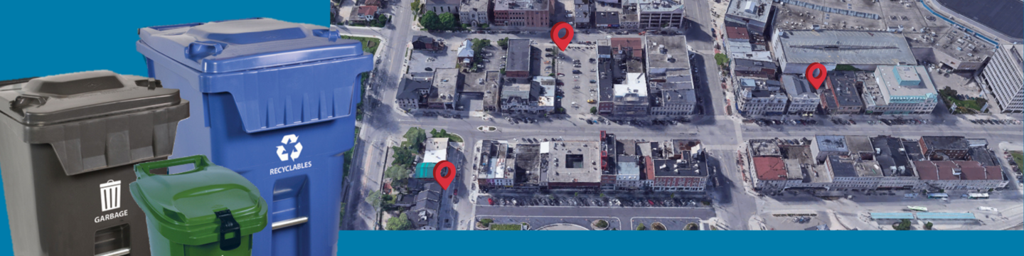 Garbage carts next to a satelite image of Downtown Guelph showing Cork, Wilson, Macdonell, Carden and Wyndham streets with the tree pilot site locations