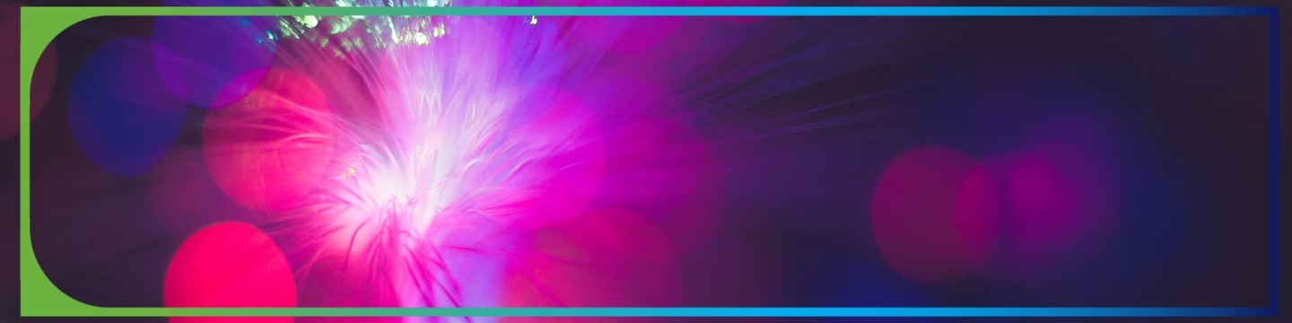 Abstract image featuring a central burst of pink and purple light radiating outward against a dark background, with circular bokeh effects and a green border on the left and blue border on the right. 