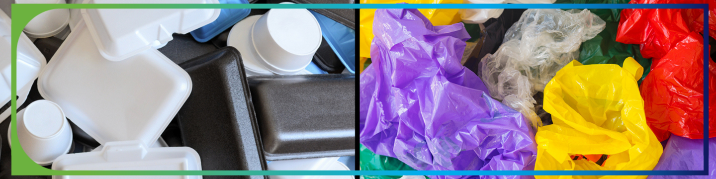 A split image showing a pile of assorted plastic food containers on the left and a collection of colorful plastic bags on the right