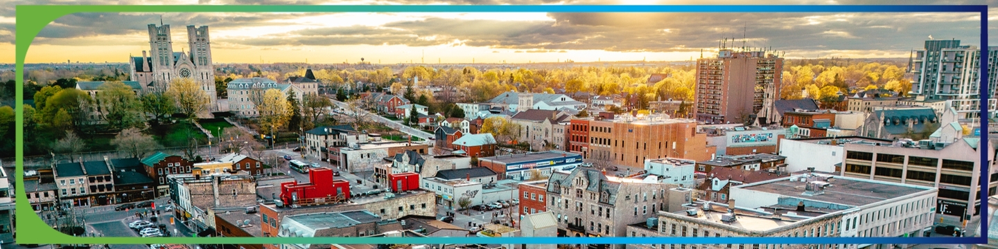 City of Guelph downtown aerial view with sunset