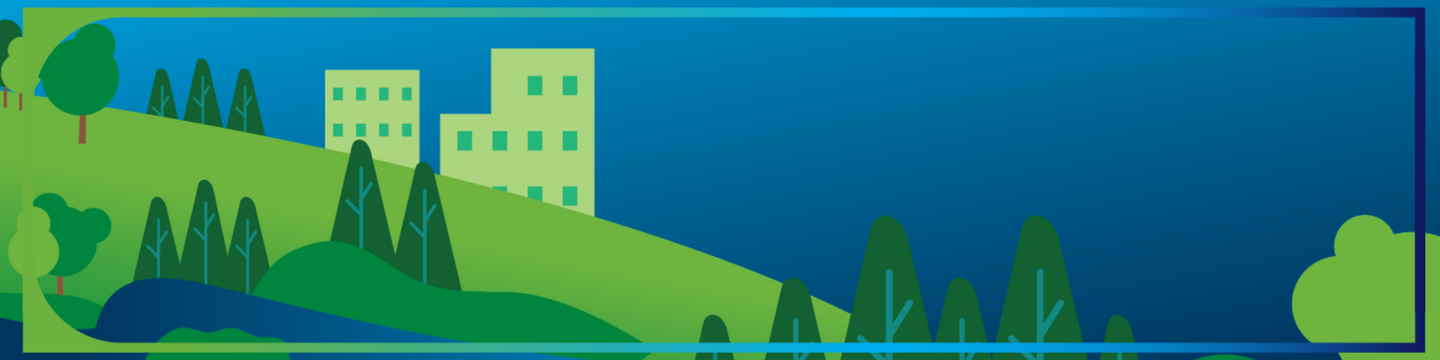 green space on a slope with a couple buildings with blue sky graphic image