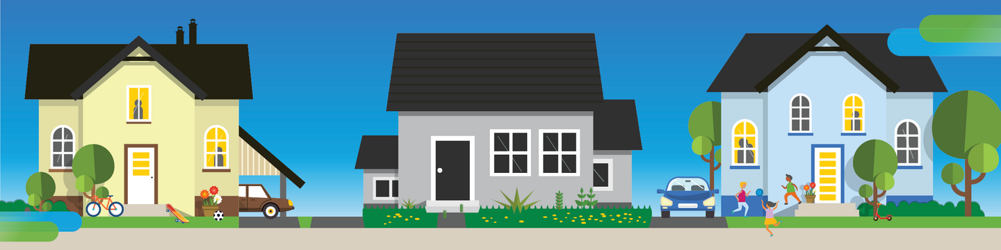 A vacant home with the lights off and an overgrown lawn sits in between two homes with lights on, children playing, and cars and bikes in the front yard