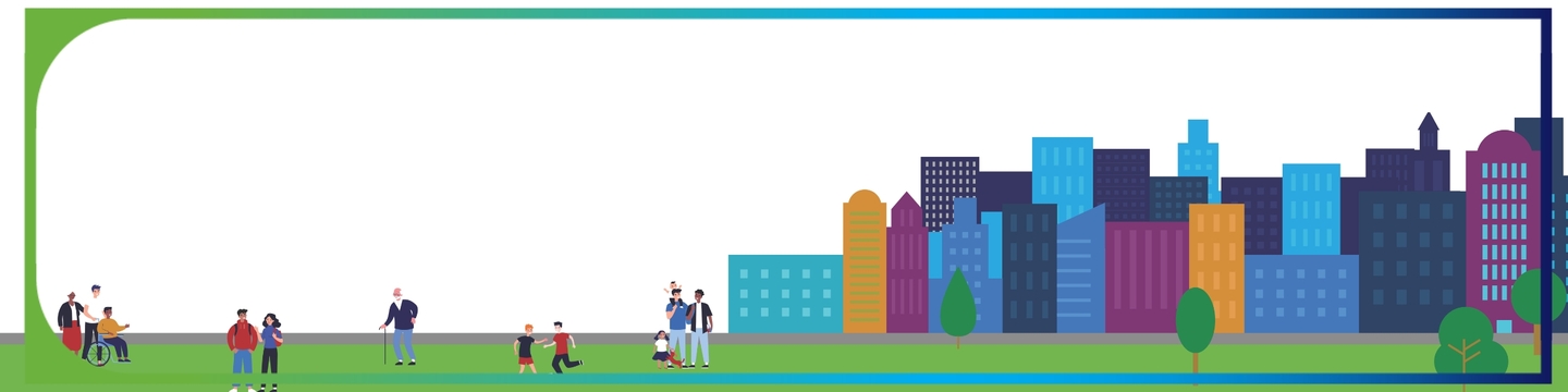 Drawing of a landscape with people using a greenspace with buildings of different colours and heights in the background.