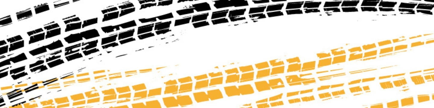 A series of tire tracks in black and yellow on a white background, arranged diagonally with distinct tread patterns suggesting motion