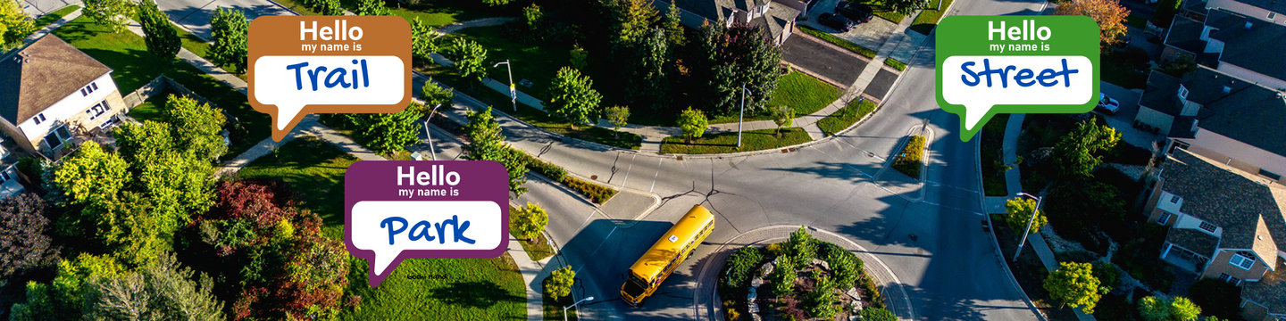 Ariel image of an intersection in a neighbourhood with name tags that say hello my name is "trail", "park", and "Street" 