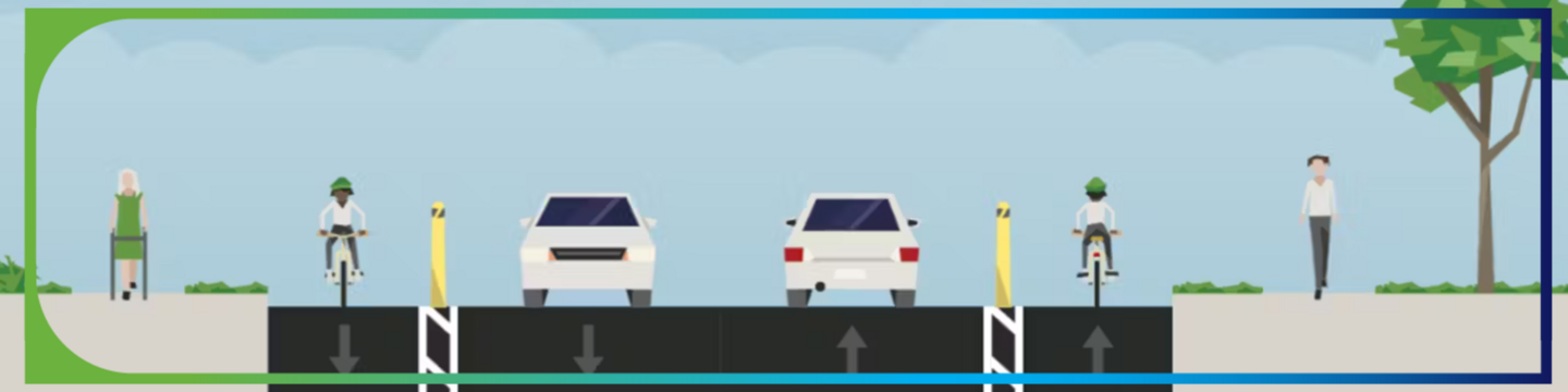 Illustration of a street cross-section showing a pedestrian with a cane, a cyclist, two cars in adjacent lanes, another cyclist, and a pedestrian. The background features trees, bushes, and a blue sky with clouds. The image is bordered with green and blue at the top and bottom.