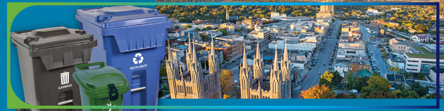 three types of waste carts and an overhead image of downtown Guelph