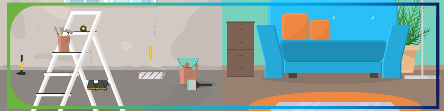 The image is split into two halves. The left half shows a room under renovation with tools like a ladder, paint cans, a drill, and other construction items scattered around. The right half depicts a finished living room with a blue sofa, orange cushions, books on shelves, a lamp, and plants. The image shows two contrasting scenes: one of an unfinished room undergoing renovation and the other of a completed living room setup.