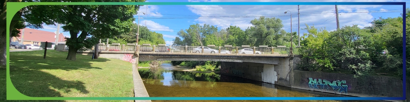 Speedvale Bridge in Guelph spanning a shallow, clear river with graffiti on its concrete wall. A grassy area with shaded trees is visible on the left, under a partly cloudy sky.