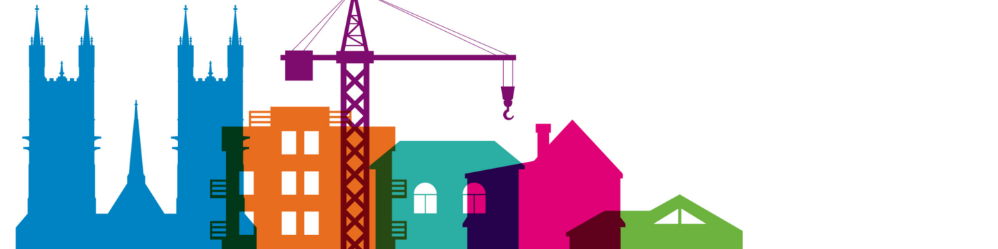 Multi-colour images of different types of silhouetted buildings including houses, one with chimney, multi-storey highrise with windows, basillica, and silhouetted crane standing in front of all buildings.