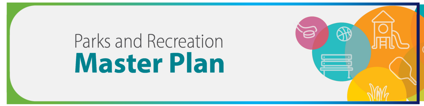 Parks and Recreation Master Plan Logo with white background and coloured bubbles with graphics such as hockey, basketball, playgrounds, biking and pickleball