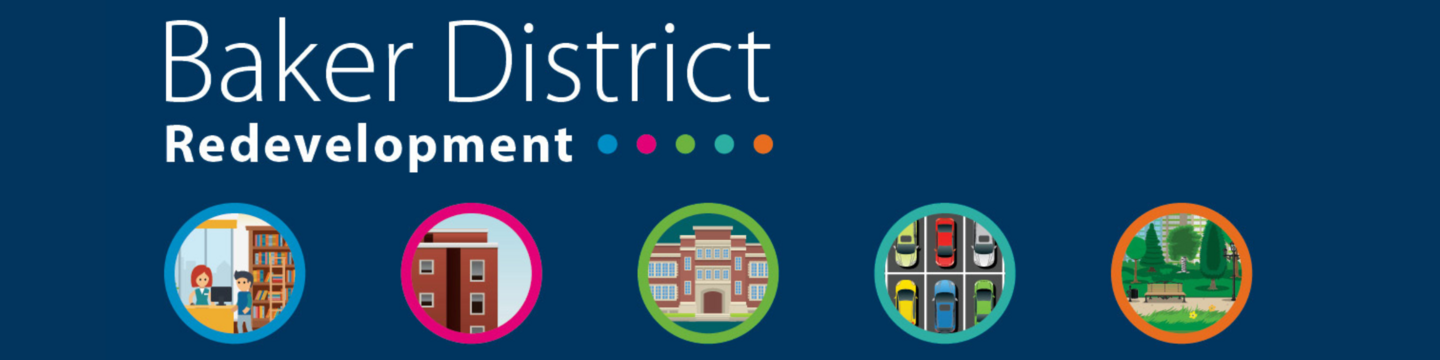 Baker District Redevelopment. Five circular icons below the text represent different aspects of redevelopment: a library, a residential building, a community center, parking spaces with cars, and a park.
