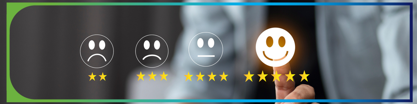 A person selects a a smiley face with 5 stars on a scale of two stars and a frowny face to 5 stars and a smiley face. 