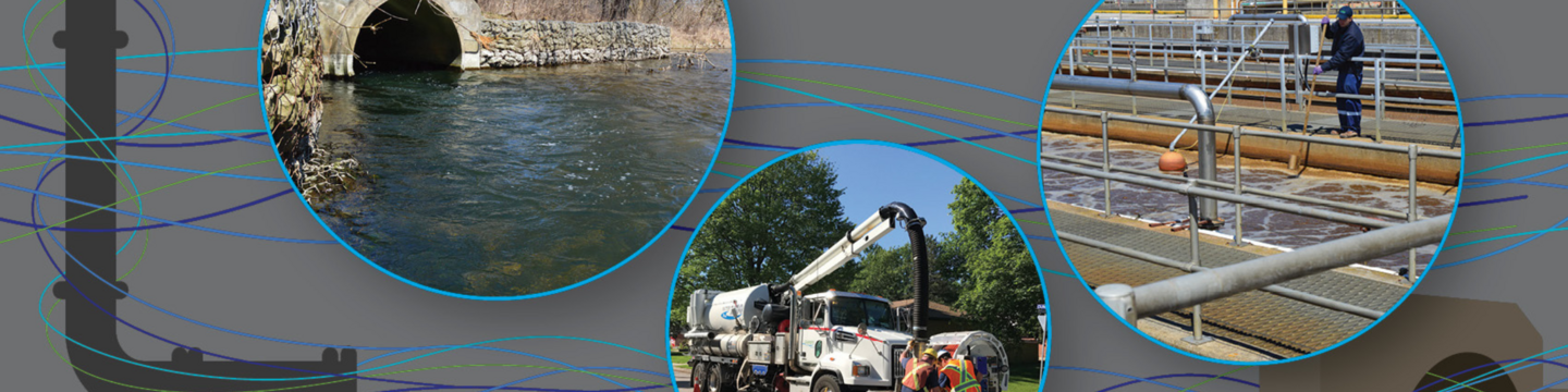 Three circular photos on a grey background with blue and green lines: the first shows a waterway emerging from a stone tunnel; the second depicts workers operating a large maintenance truck with a crane or vacuum system; the third shows a person working near large tanks in an industrial water treatment facility