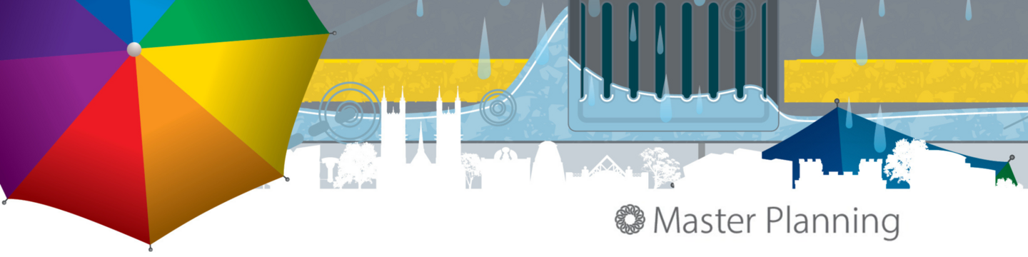 A colorful umbrella with segments in purple, blue, green, yellow, orange, and red stands on the left side. Behind it is a gray and yellow abstract background with falling raindrops. White silhouettes of buildings line the bottom, and the words 'Master Planning' appear in the bottom right corner next to a circular logo.