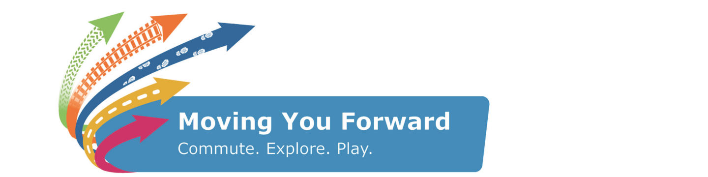 five colorful arrows with different patterns pointing to the right from the left side of the image. To the right of these arrows is a blue rectangular box containing white text that reads "Moving You Forward" in bold letters and "Commute. Explore. Play." below it.