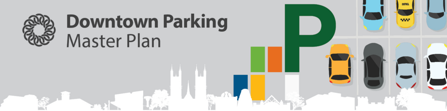 "Banner for the 'Downtown Parking Master Plan.' On the left, there's an abstract circular logo above the title text. On the right, a large green 'P' is decorated with colorful blocks (green, orange, blue, yellow), next to illustrations of parked cars (blue, yellow taxi, gray, white) in parking spaces. The background features white silhouettes of city buildings on a light gray backdrop.