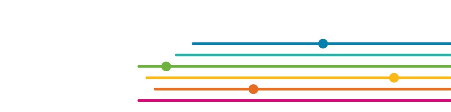 Five horizontal coloured lines on a white background, each with a single circular marker positioned at different points along the line. From top to bottom, the lines are blue, teal, green, yellow, orange, and pink.