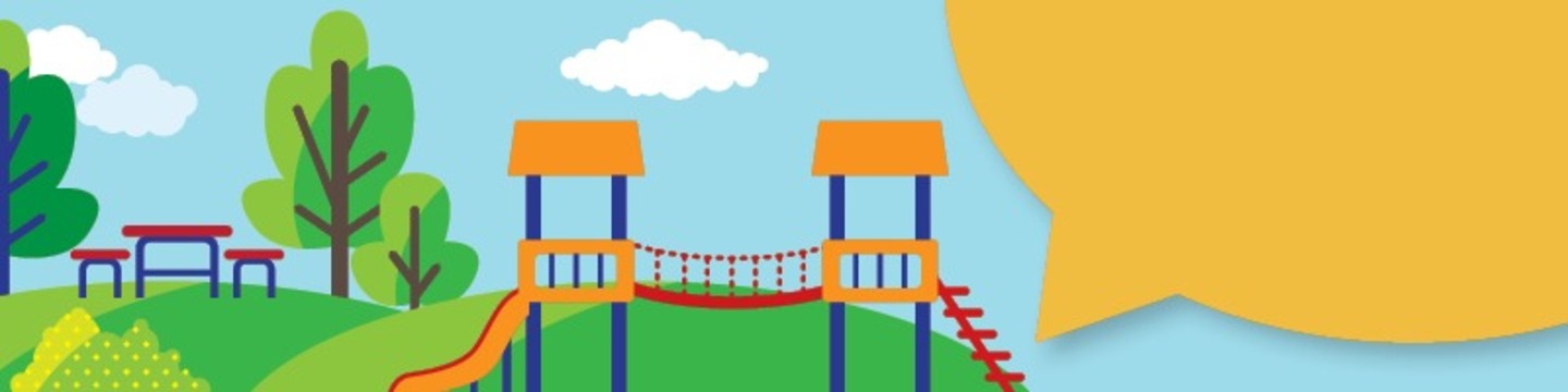 Illustrated playground with park area and a conversation bubble
