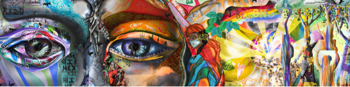 A vibrant mural featuring two large, intricately designed eyes on the left, a central figure in red clothing with blue and green accents surrounded by abstract shapes, and bright yellow rays, green leaves, and trees on the right. The image contains no text.